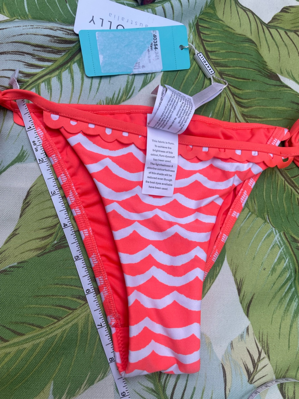 Seafolly NWT Sz 2 Tidal Wave Brazilian Side Tie Bikini Bottom in Nectarine/White - Picture 9 of 10